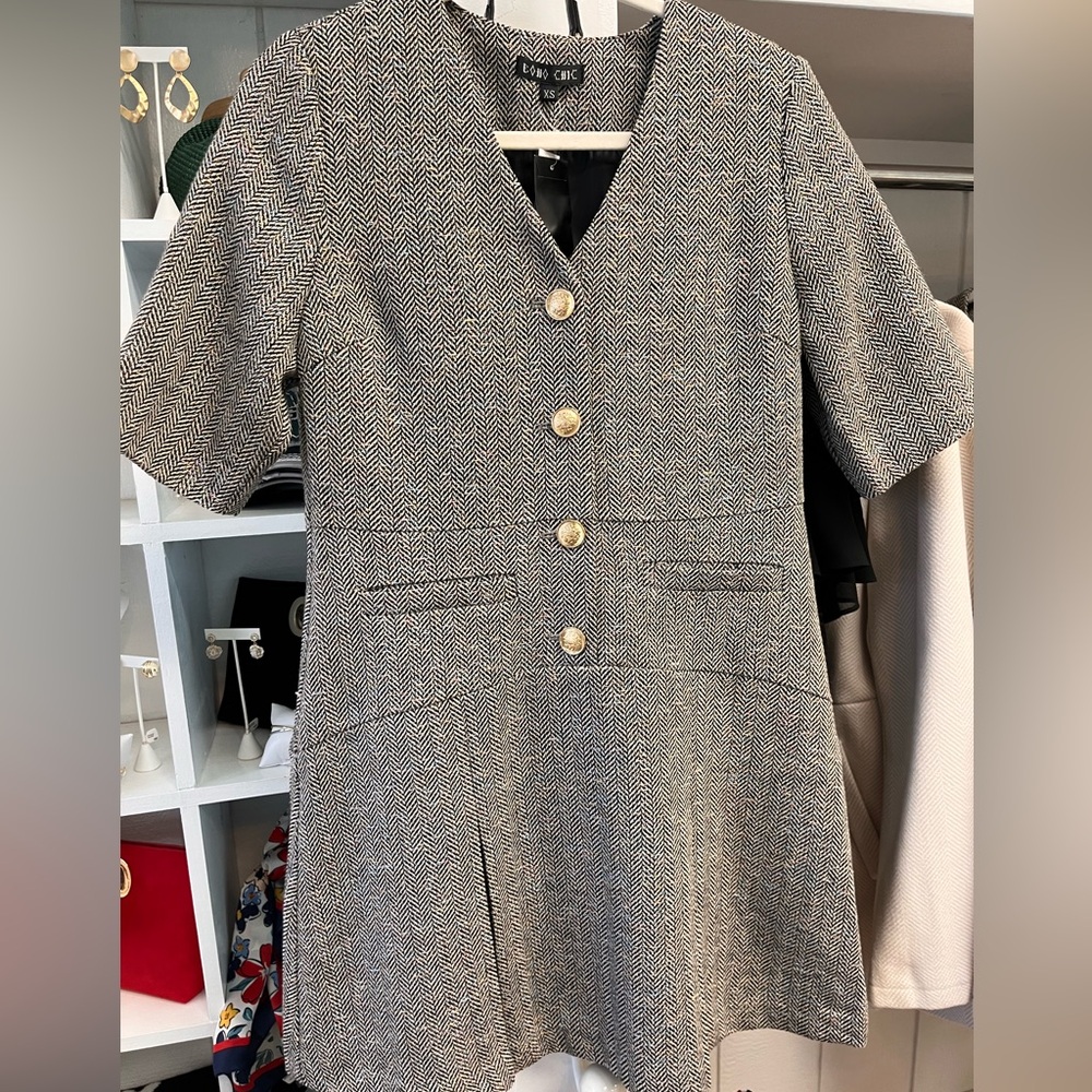 Chic Herringbone Dress with Gold Accents